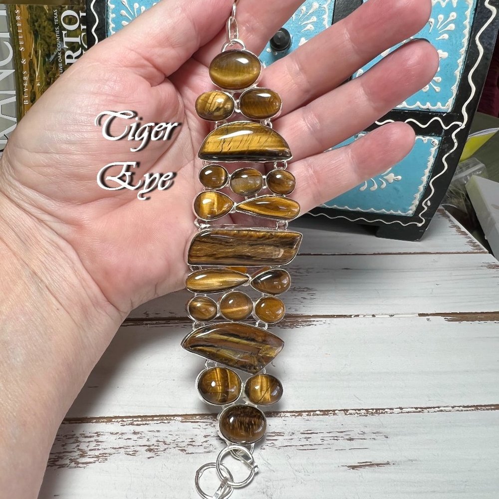 Tiger Eye Bracelet Handmade Gemstone Crystal 925 Silver Large Adjustable Ethnic